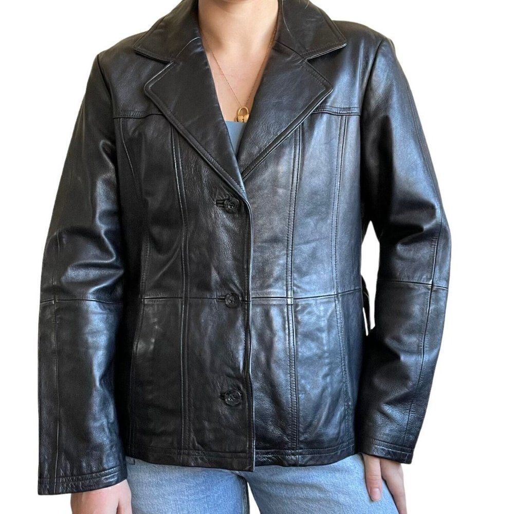 Vintage Womens 90s Wilsons Leather Black Minimalist Matrix Blazer Jacket Sz XL
